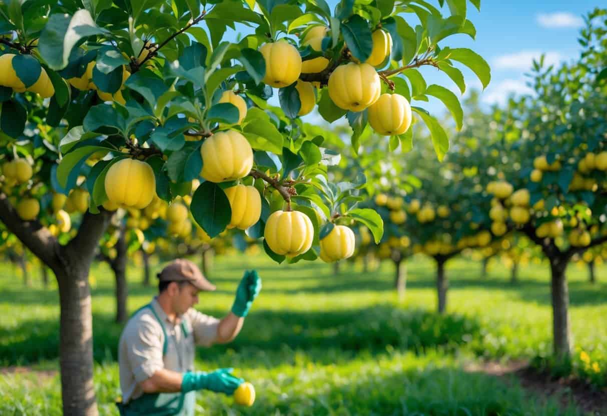 A gardener inspecting ripe yellow quinces on healthy trees in a sunny orchard.
