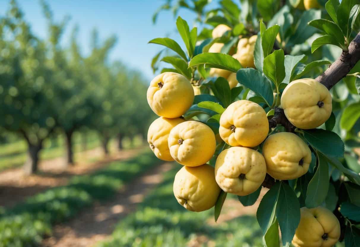 Close-up of ripe quinces hanging on a tree branch in an orchard with green leaves and rows of trees in the background.