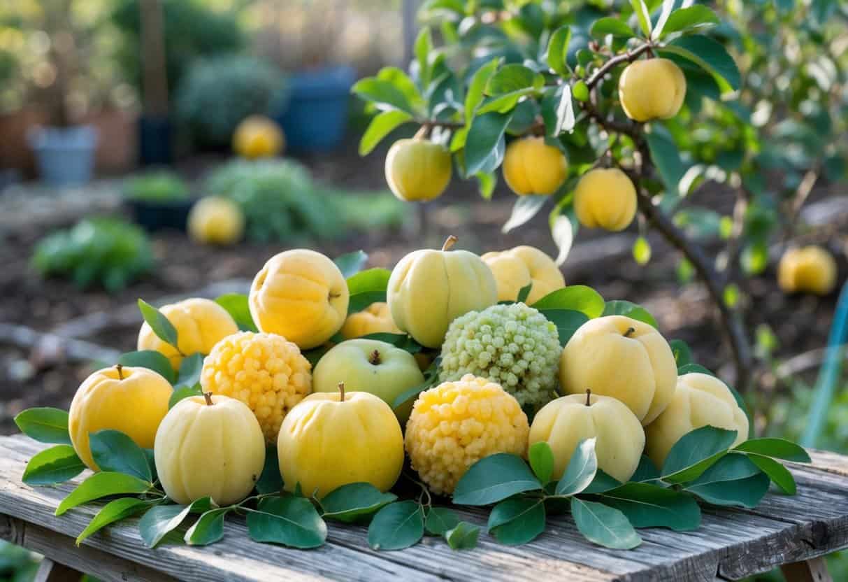 Various ripe quinces displayed on a wooden table with quince leaves and a small quince tree in a garden setting.