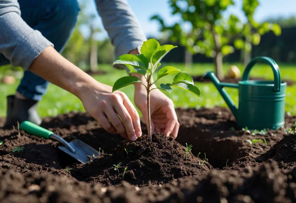 Hands planting a young quince tree seedling in soil outdoors with gardening tools nearby.