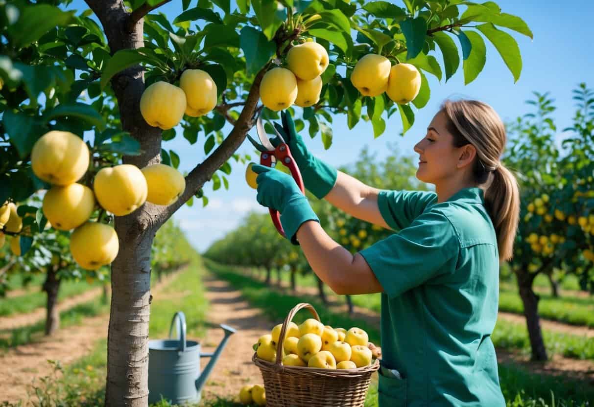 A gardener pruning a healthy quince tree with ripe yellow quinces in an orchard, with gardening tools and a basket of quinces on the ground.