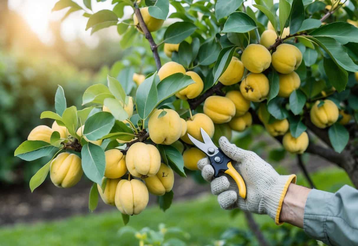 Close-up of a gardener inspecting ripe quinces and leaves on a quince tree branch in a garden.