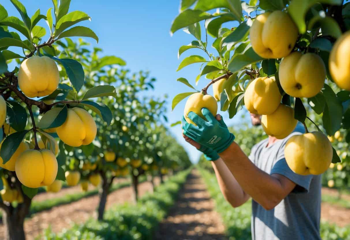 Person harvesting ripe quinces from a tree in a sunny orchard.