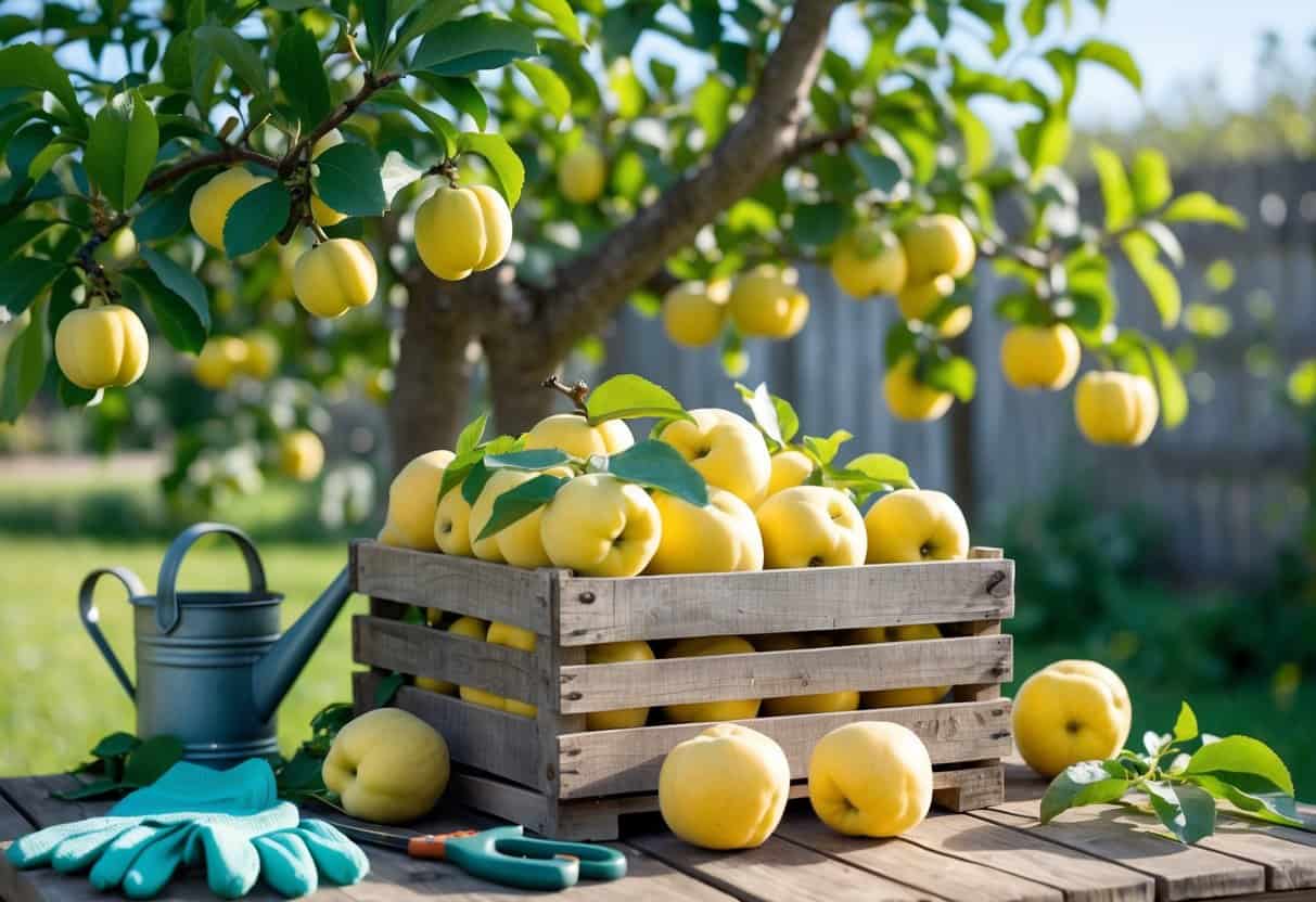 A wooden crate of ripe quinces on a table with gardening tools nearby and a quince tree with fruit in the background.
