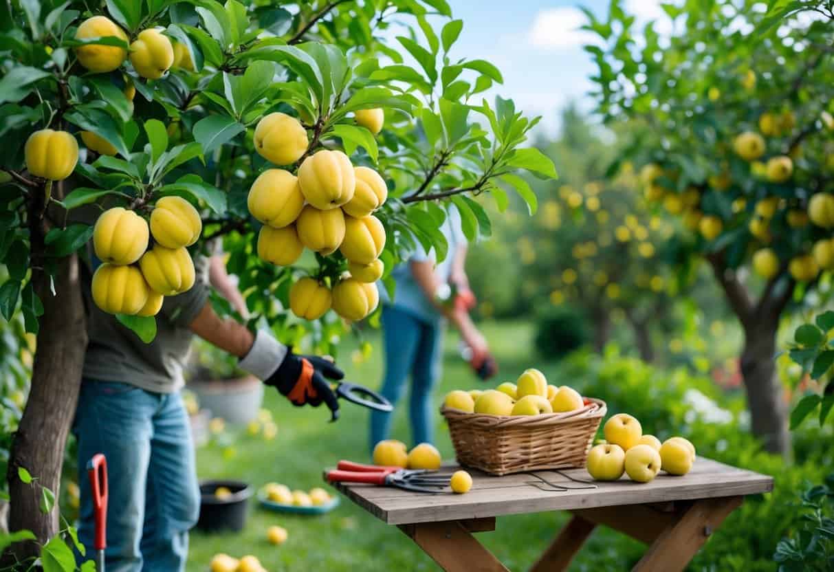 A gardener tending a quince tree with ripe yellow quinces in a sunny garden, with gardening tools and a basket of quinces on a wooden table nearby.