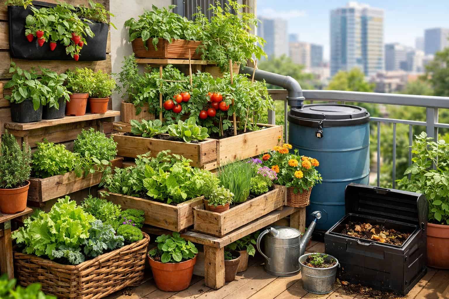 A small urban balcony garden filled with various green plants, herbs, and vegetables arranged in containers and vertical planters.