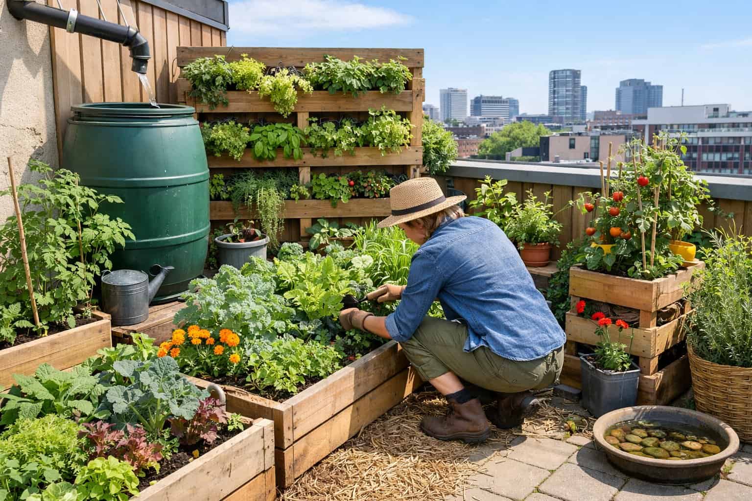 A person tending to a small urban garden with various plants in containers on a balcony, with city buildings visible in the background.
