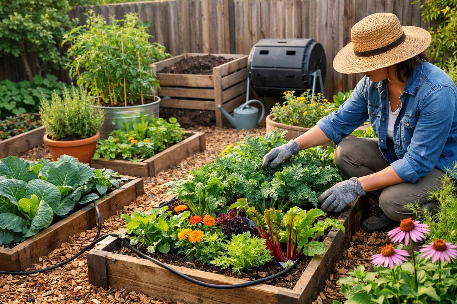 A person tending to a small, lush permaculture garden with raised beds and various plants in an urban backyard.