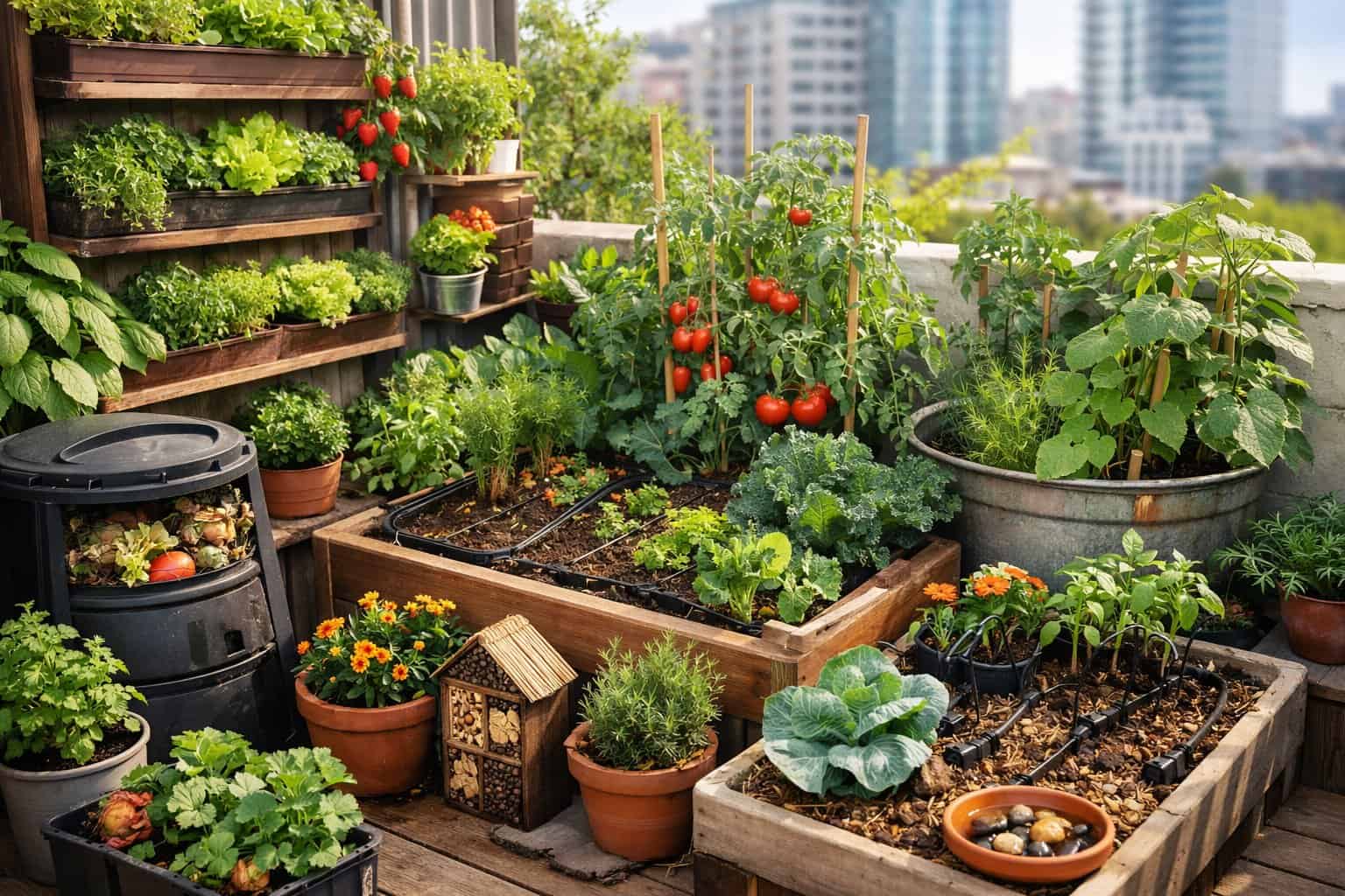 A small urban garden on a balcony with various vegetables and herbs growing in containers and raised beds, surrounded by city buildings.