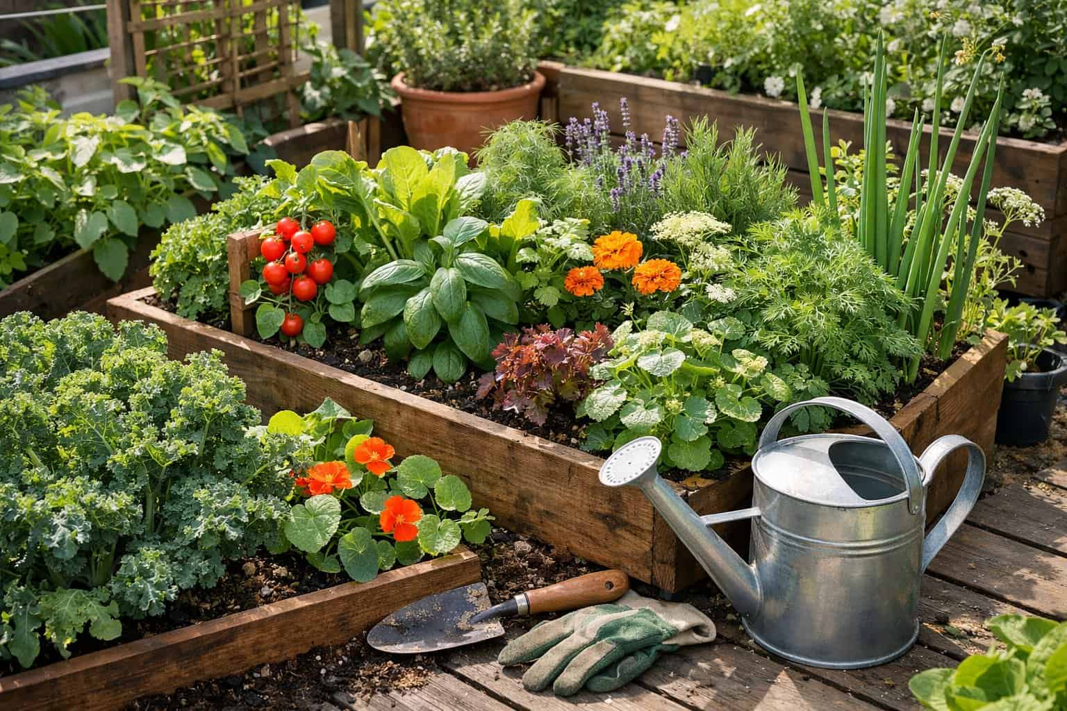 A small urban garden with various plants growing together in raised beds and containers, showing close planting and healthy greenery.