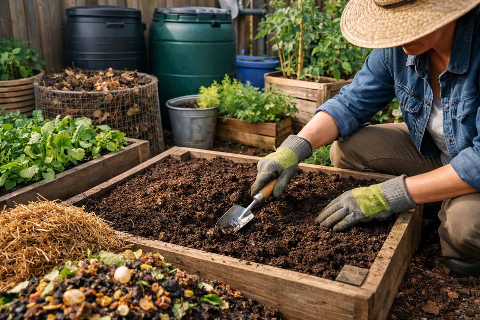 A small urban garden with raised beds, compost bins, and a gardener tending soil and plants in a compact permaculture setup.