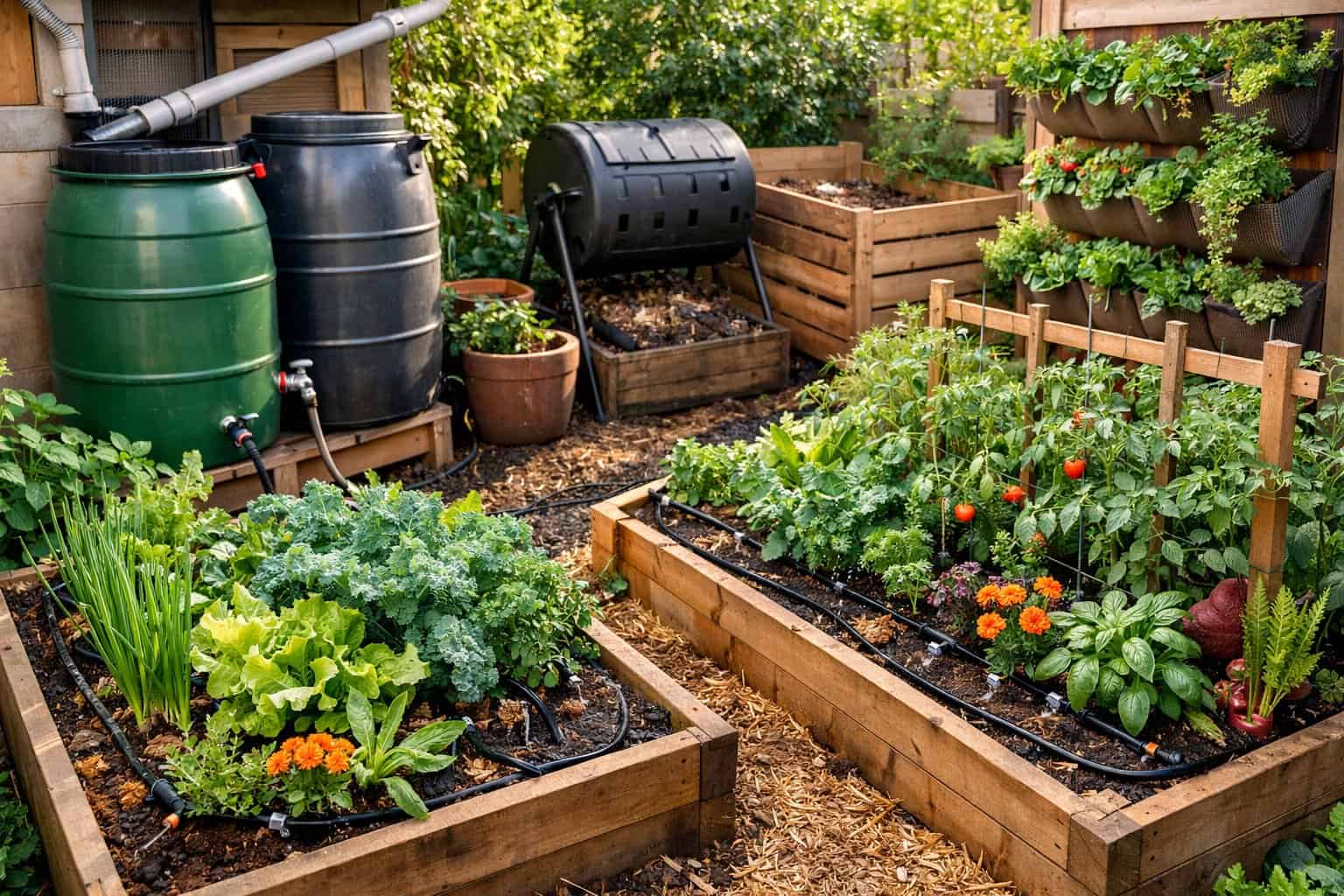 A small urban garden with raised beds, vertical planters, rainwater barrels, and drip irrigation, showing sustainable gardening practices in a compact space.