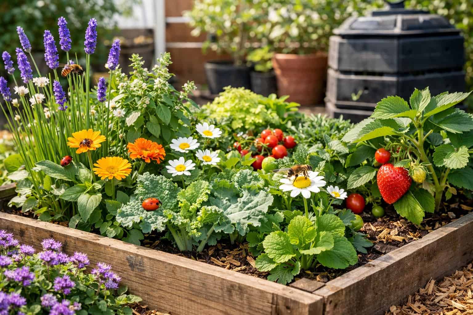 A small urban garden with diverse plants and beneficial insects promoting natural pest control.
