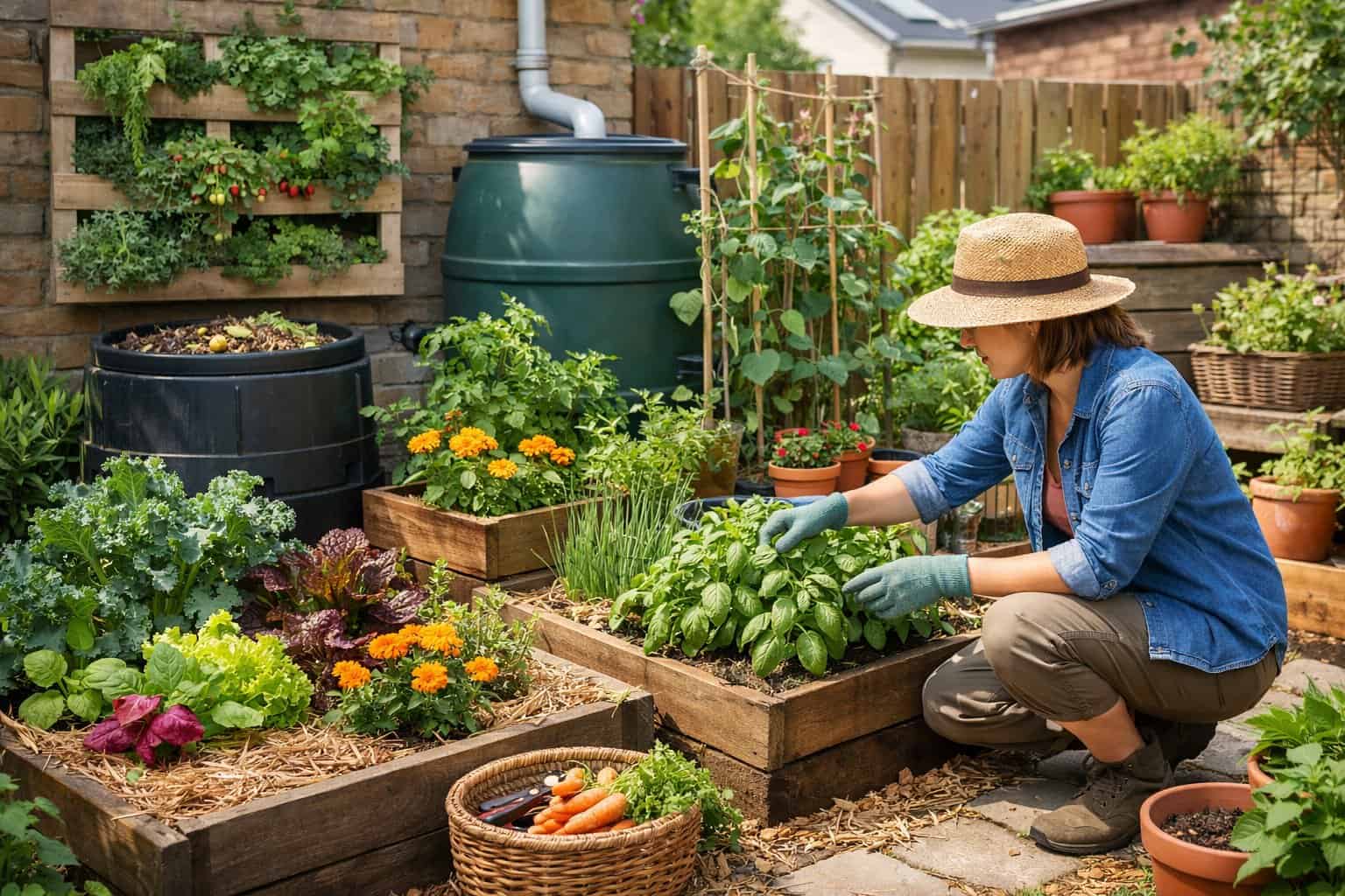 A person tending to a small urban garden with various plants growing in containers and raised beds.
